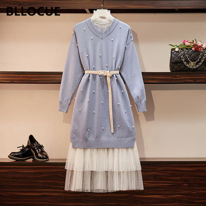 BLLOCUE высокое качество Зимний вязаный свитер сетка 2 шт. платье миди женское