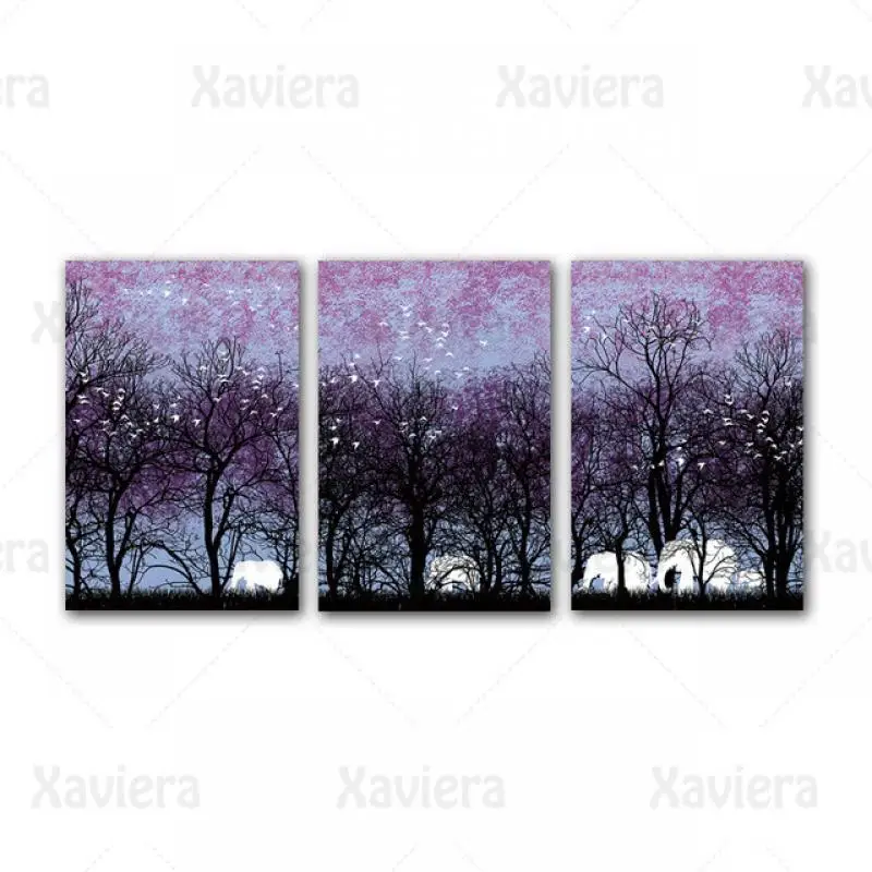 

Modern Home Decor Landscape Painting Purple Sky Black Forest Tree White Elephant Bird Canvas Poster Living Room Wall Art Unframe