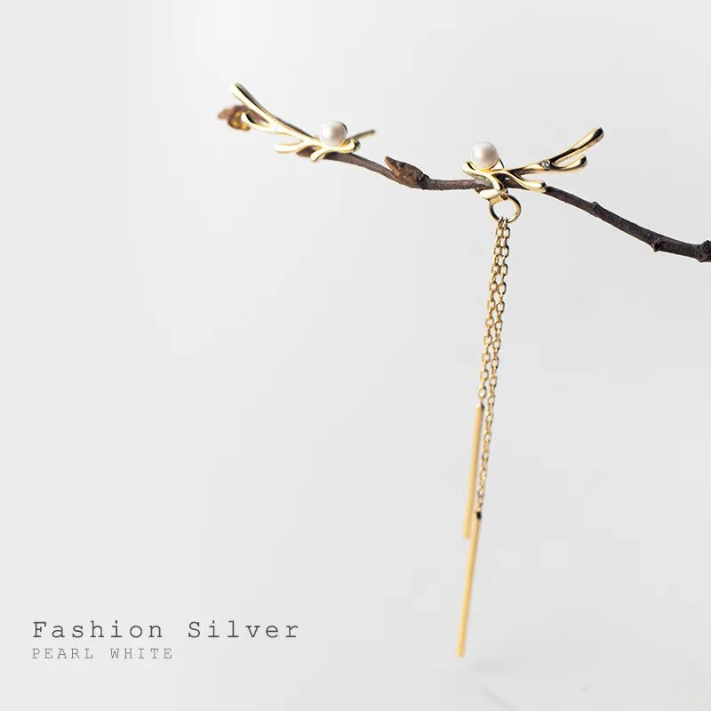 

A00598 Fashion Elk Antlers Pearl Tassel Stud Earrings for Women Real 925 Sterling Silver Asymmetric Jewelry