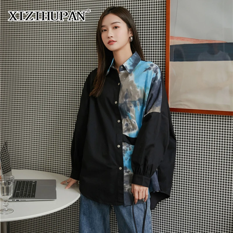 

Повседневная Женская блузка XIZIHUPAN с цветными блоками, с отложным воротником и длинными рукавами-фонариками, прямая Свободная Женская одежд...