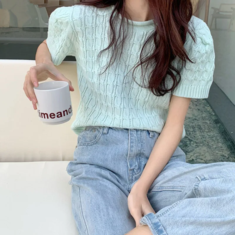 

Шикарный вязаный свитер, футболка 2021, корейский пуловер с коротким рукавом, топ, однотонная простая повседневная футболка, летняя женская р...