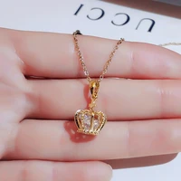 trendy fine 14k real gold noble crown chain pendant necklace for women accessories original design fashion jewelry zircon party