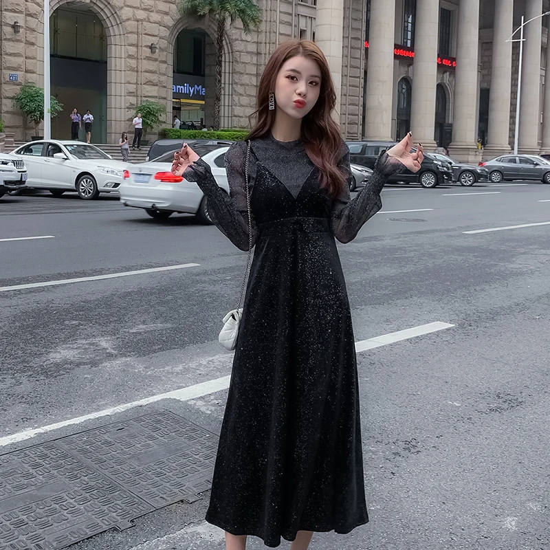 

Black Sling Autumn Dress Women 2021 Casual Glossy Material Sexy Long Party Dresses Two-Pieces Black Deep V Long Sleeve Dresses