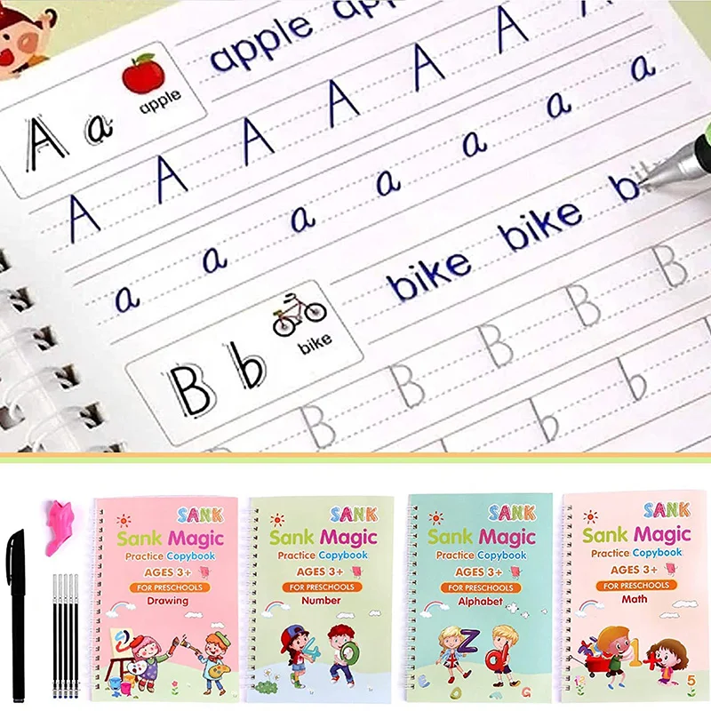 

4 PCS Sank Magic Practice Copybook English for Kids Reusable Magical Copybook Kids Tracing Book for Handwriting