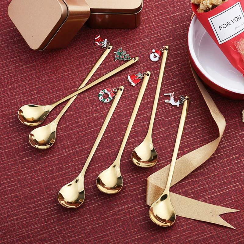 

Christmas Decorations 2021 6pcs/set Stainless Coffee Dessert Spoons Tableware Christmas Decoration Kitchen Accessories New Year
