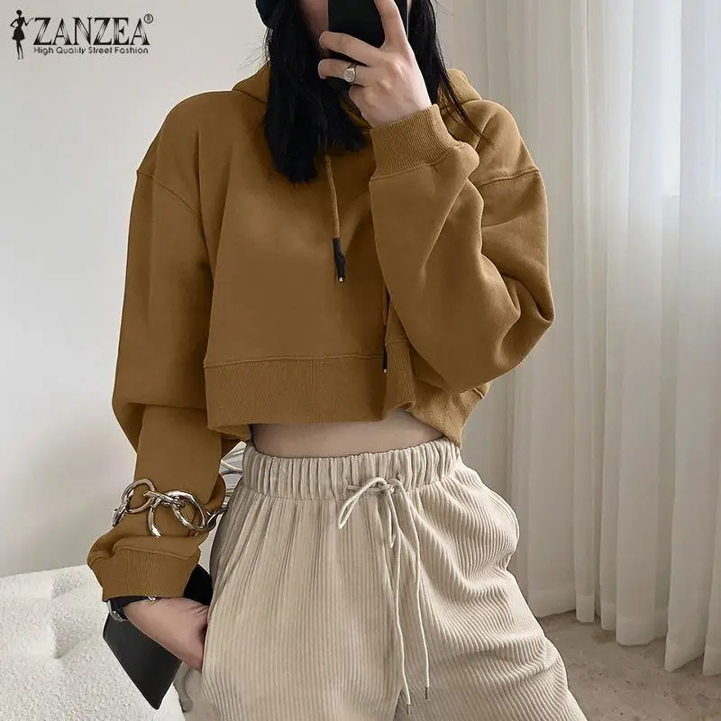 

Women Harajuku Hoodies Sweatshirt Fashion ZANZEA 2022 Autumn Female Lady Hooded Pullover Oversized Casual Solid Long Sleeve Top