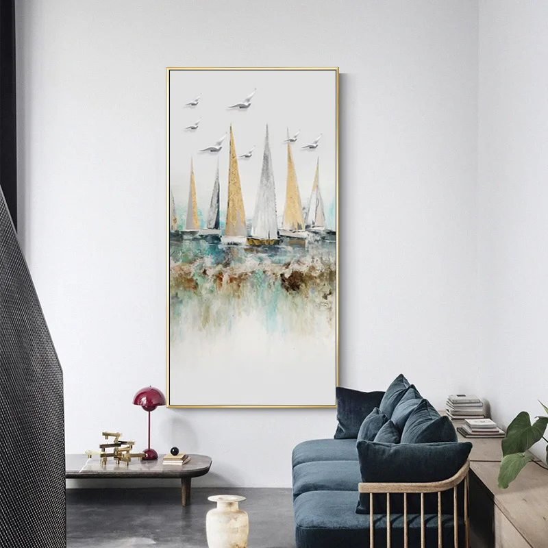 

Wall Art Big Oil Picture Abstract Sailboat with Bird Canvas Painting Landscape Posters and Prins for Gallery Living Room Decor