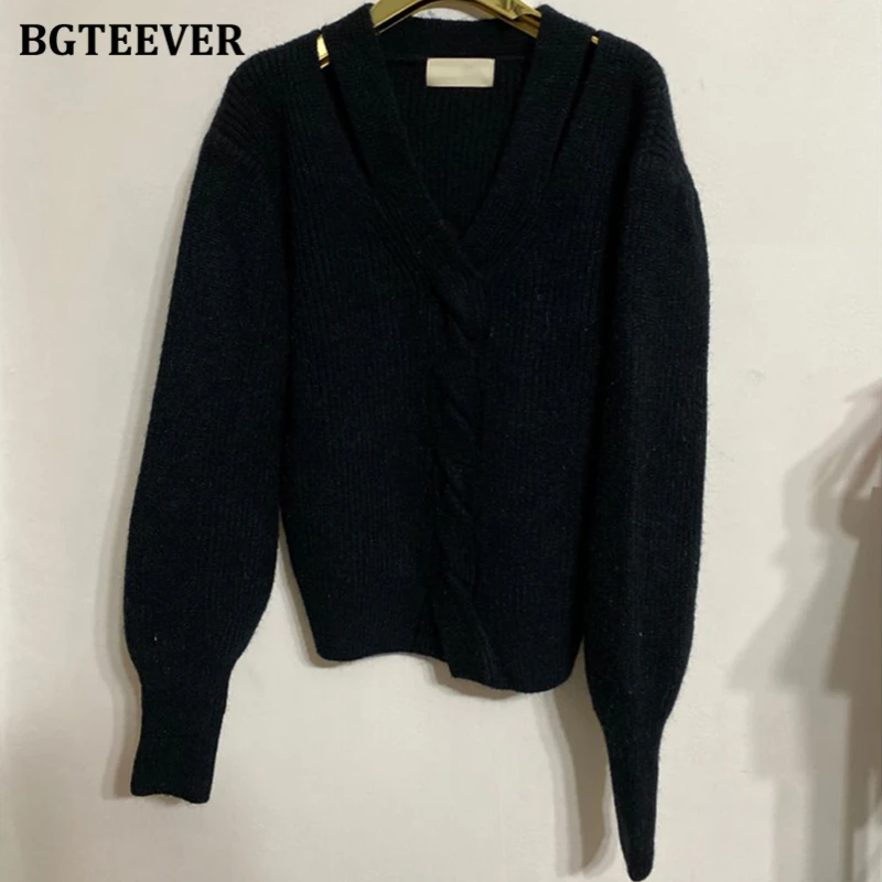 

BGTEEVER Fashion V-neck Hollow Out Solid Sweater Jumpers Women 2020 Autumn Winter Soft Warm Loose Female Knitting Pullovers