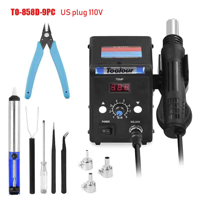 TO-858DUS-9PC Toolour 700 Вт 220 В/110 В 858D BGA светодиодный цифровой дисплей паяльная станция Тепловая воздушная пушка отпаивающий насос сопло сварочные инструменты - Цвет: TO-858DUS-9PC