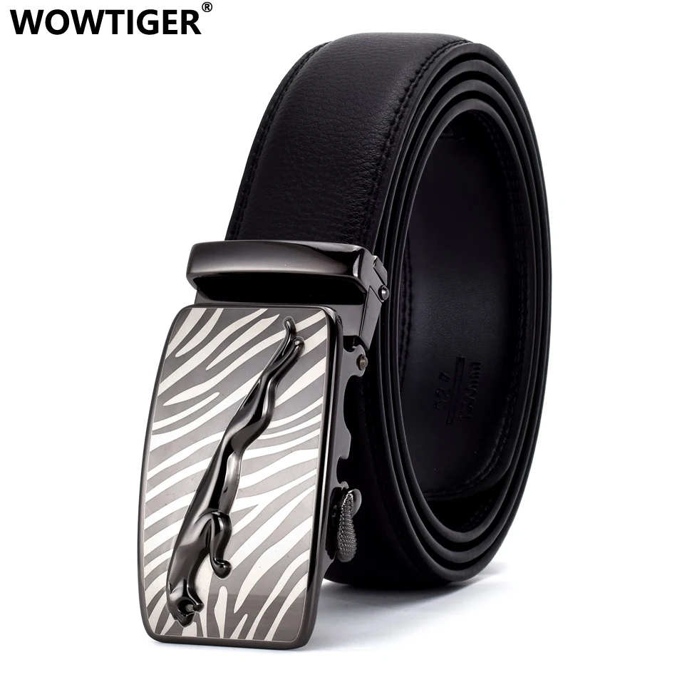 WOWTIGER Men black 3.5cm leopard Automatic Buckle Leather cowhide luxury brand Belt Male Alloy buckle Belts for Men