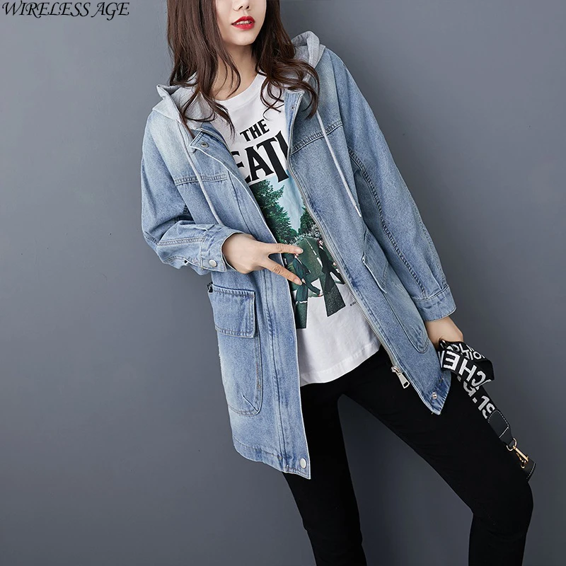

WIRELESS AGE Denim Jacket Women Retro Zipper Loose Mid Length Korean Style Boyfriend Harajuku Tops New Casual Coat Fashion Wild