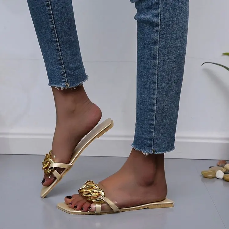 Gold Summer Transparent Slippers Chain Jelly Shoes Soft Casual Wild Women Comfort Ladies Beach PVC Slides Female Shoes 2021 New