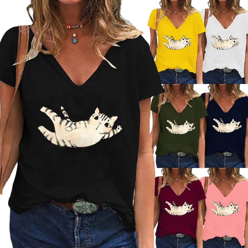

Fashion Womens Summer Cartoon Cat Printed Short Sleeve Deep V-Neck T-shirt Casual Graphic Shirt Loose Tops XS-5XL