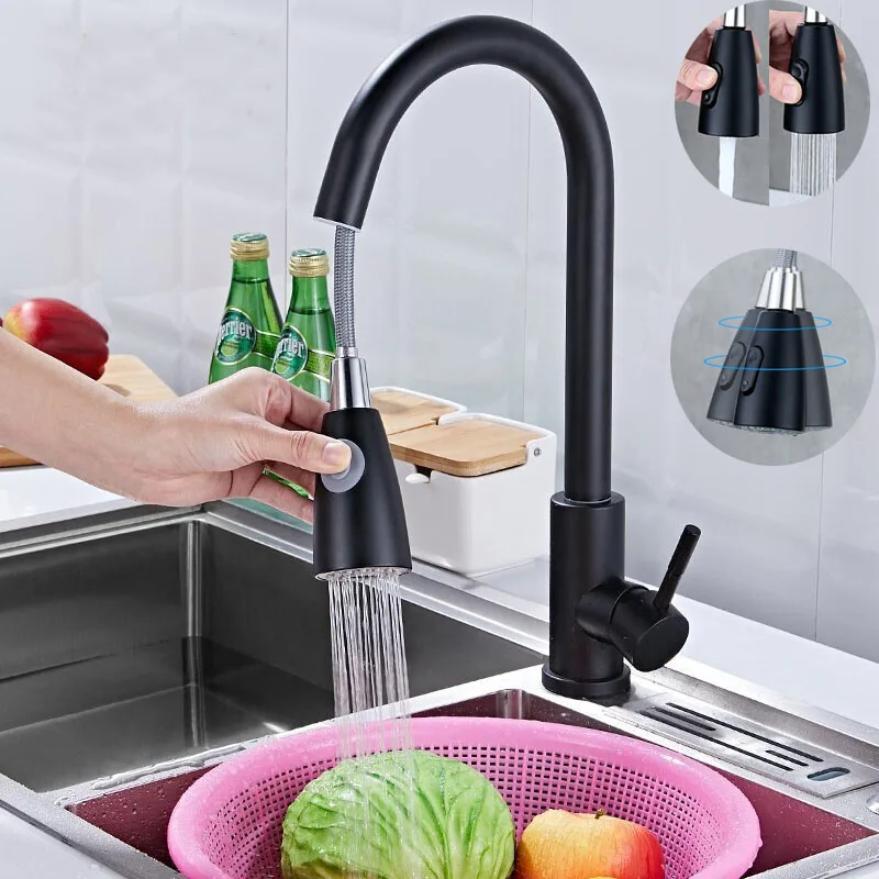 

Кухонный кран с одним отверстием, вытягивается из носика, кухонный смеситель для раковины, кран с распылителем, матовый/черный смеситель