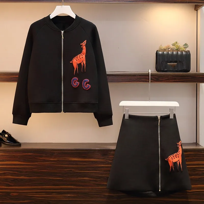 

Fashion Women Emboridery Casual Two Piece Set Mini Skirt Outwear Coat Tracksuit Ladies Matching Sets Conjunto Feminino Outfits