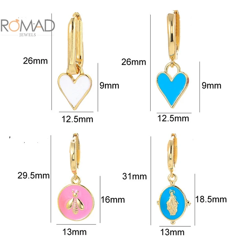 

ROMAD 1PCS Round Drip Oil Enamel Earrings Heart Pendant Hoops Earring Women Jewelry Small Bee Pattern Earring Pendientes Plata