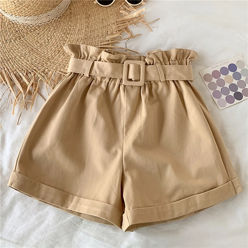 

2021 Summer Korean Shorts Women Elegant Fashion High Waist Casual Solid Wide Leg Loose Cotton Short Pants With Belt Sweet Girls