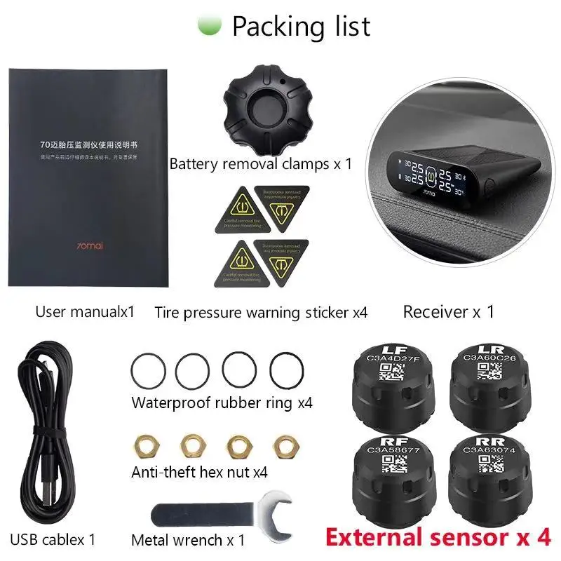 Система контроля давления в шинах 70mai внешний датчик с солнечной панелью USB