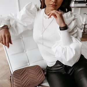 Женское трикотажное боди с длинными рукавами, однотонное облегающее черное боди с пышными рукавами и круглым вырезом, сексуальный костюм в стиле пэчворк