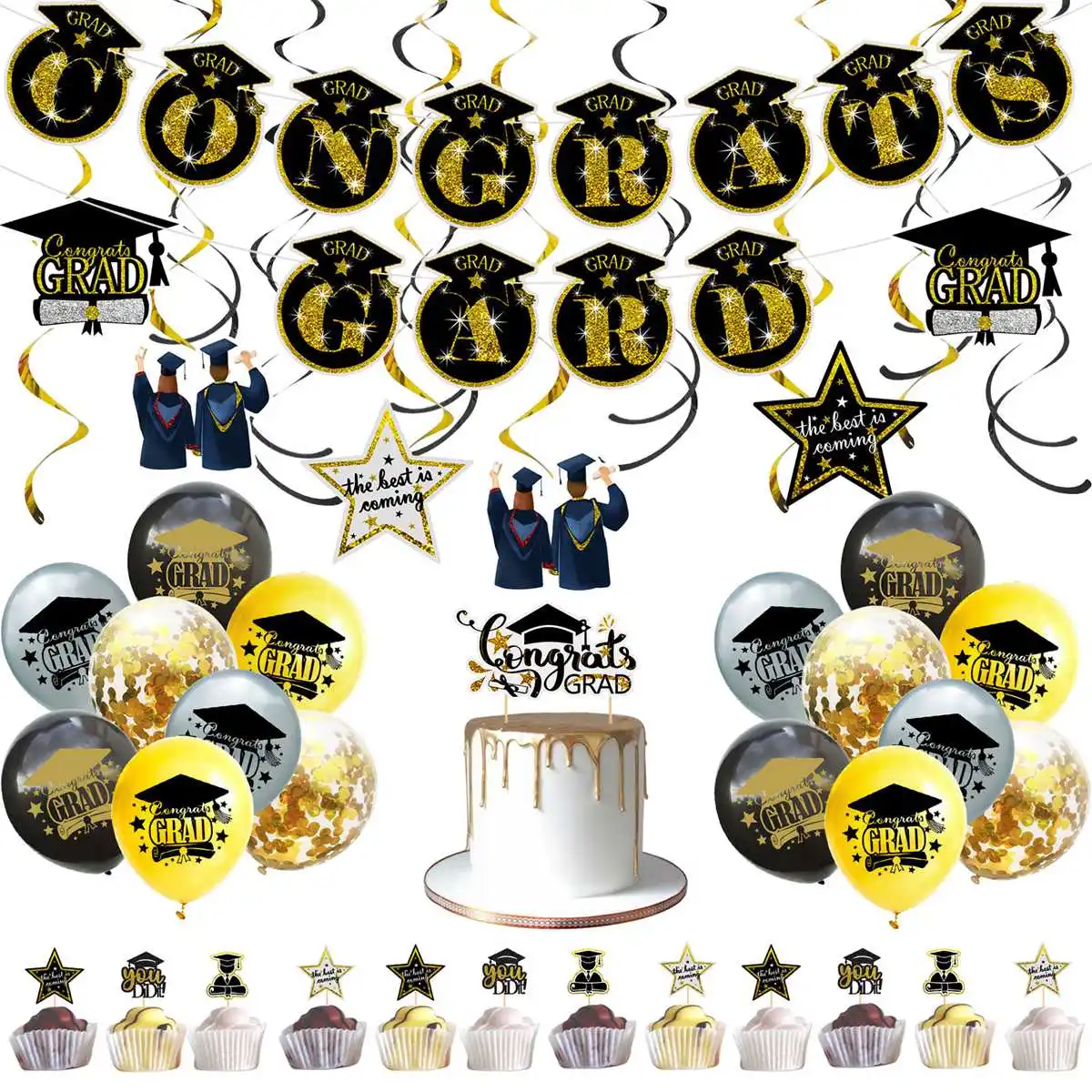 

2021 Graduation Party Decorations Black Gold Banner Balloons Ribbons College University Congrats Graduation Party Supplies