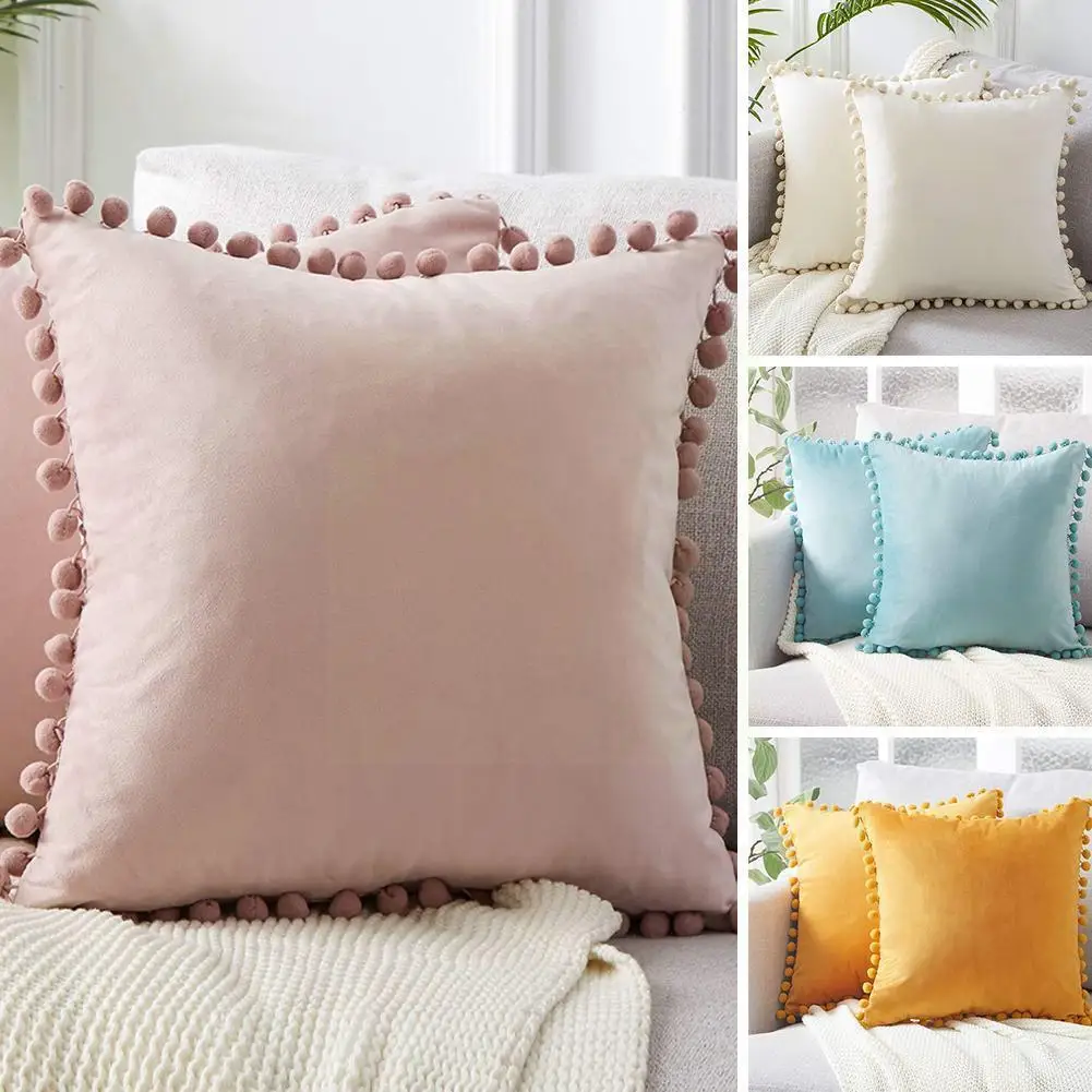 

Cilected Soft Velvet Decorative Pillowcase Bed Throw Pillows Pompom Cushions Covers Square Pillow Cover For Sofa Car Home D Y3J5