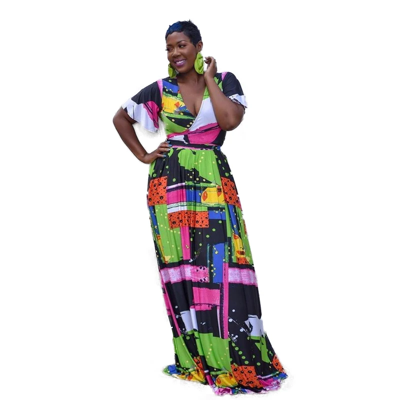 

vetement femme 2019 African Dresses for Women Print Dashiki Bazin Ladies Clothes Sexy Short sleeve Robe Africaine Bohemia Skirt