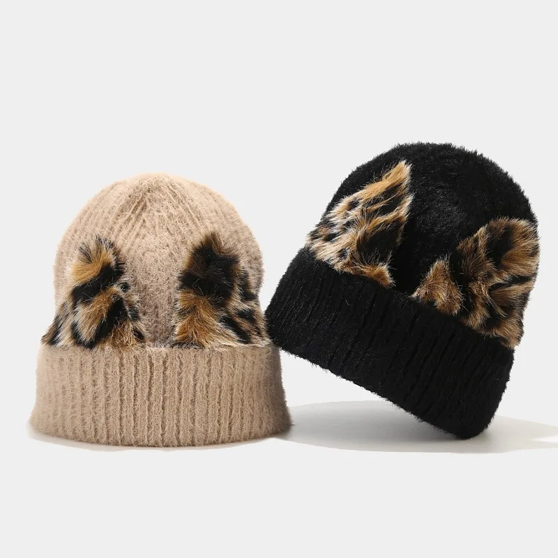 

2021 New Beanie Leopard Print Cat Ears Fall/winter Stretch Knitted Cold Hat Outdoor Ski Hat Warm Women's Hat