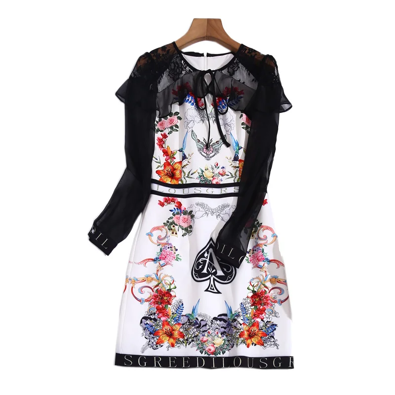 

Женское дизайнерское платье-трапеция, черное Сетчатое платье мини составного кроя с длинным рукавом и винтажным принтом, весна-лето