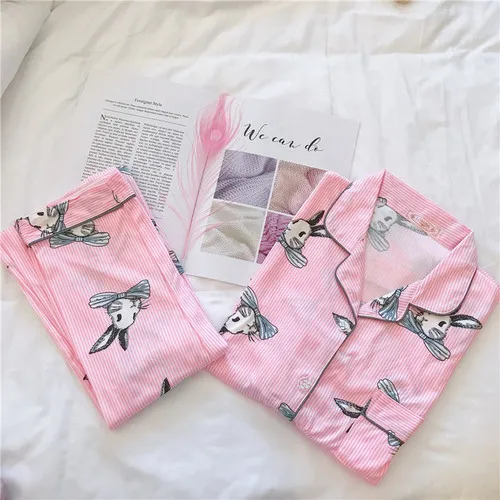 Rabbit pink Новые осенние женские пижамы с отложным воротником, топы, комплект, женская пижама, комплект для сна, комплекты для сна, длинные штаны, женская одежда для сна - Цвет: Rabbit pink