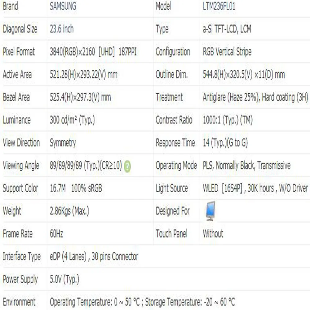 LTM236FL01 новый оригинальный 23 6 дюймовый 3840x2160 4K EDP 30pin 100% sRGB 300 cd/м² 60 Гц 1000:1