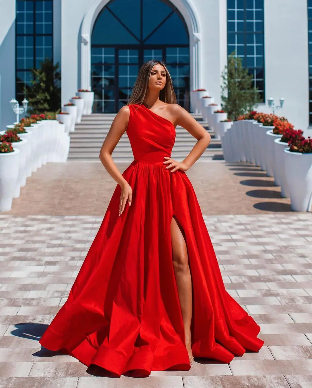 

Festival Red A Line Long Prom Dresses Side Split One Shoulder Vestidos De Fiesta Ruched Cheap Bride Party Evening Formal Dress