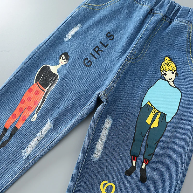 

PatPat Fashionable Cartoon Girls Letter Print Denim Elasticized Jeans