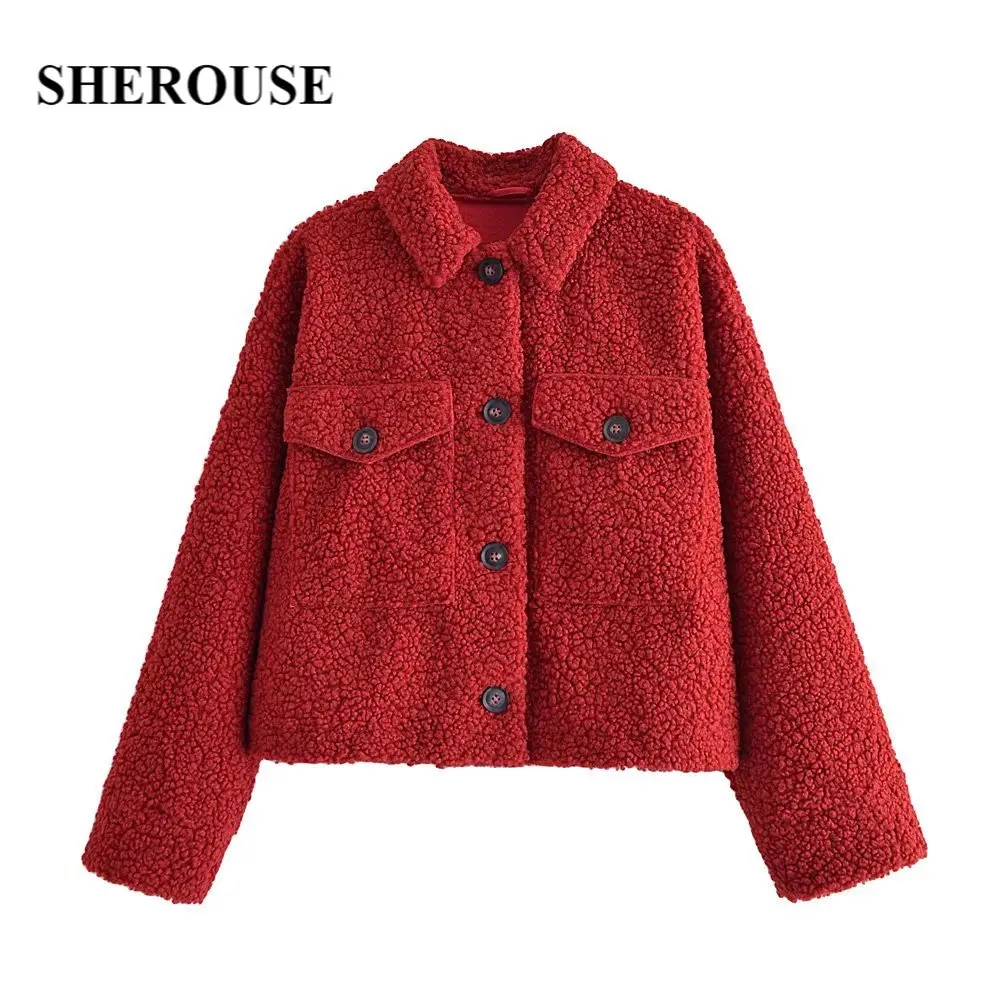 

Sherouse Women Fashion Double-faced Faux Shearling Jacket Lapel Collar Long Sleeves Front Pockets Woman Casual Red Coat Winter