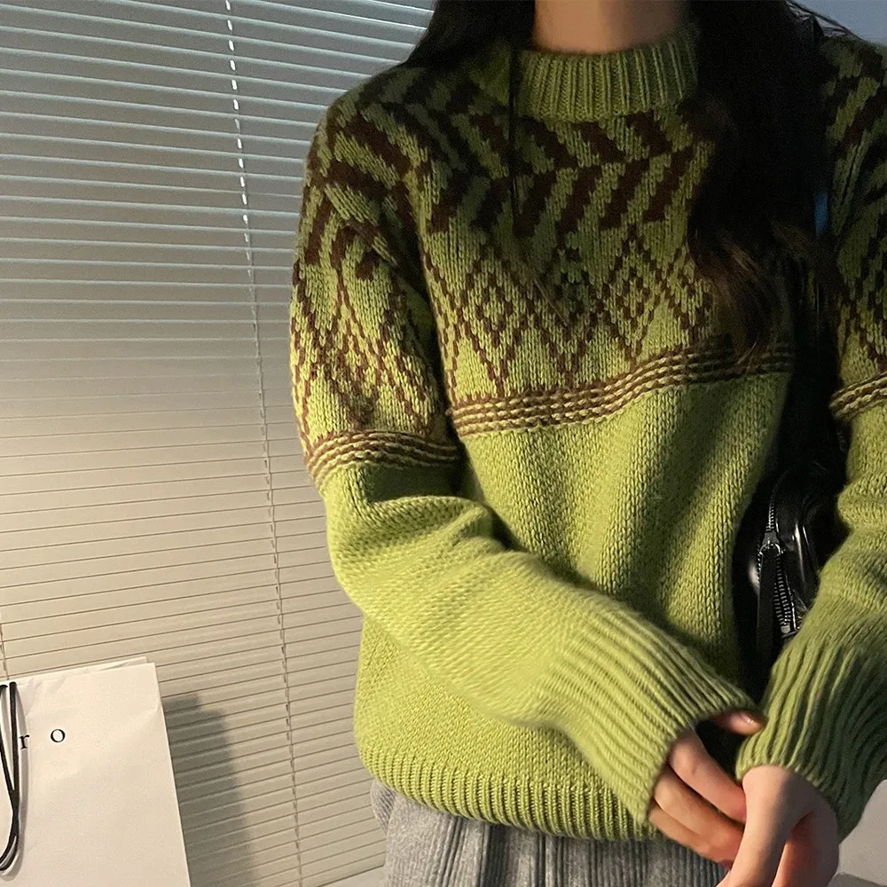 

O-Neck Knitted Oversize Sweater Geometric Long Sleeve Jumpers Women Autumn Winter Loose Pullover A50