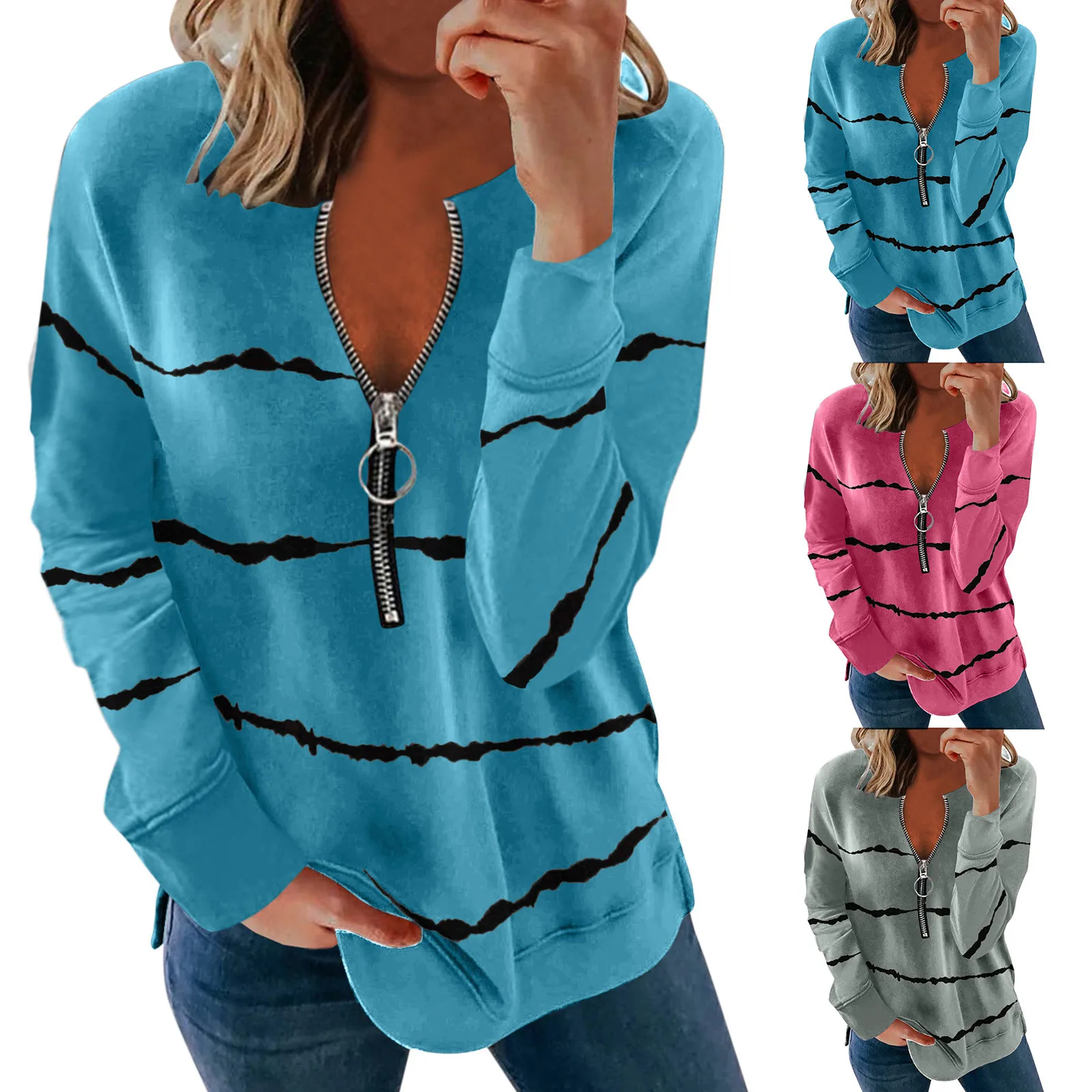 

Женская футболка с длинными рукавами и принтом в полоску, на молнии, с круглым вырезом, сексуальная женская блузка, топ, Повседневная универсальная Сексуальная футболка для девочек, Топ