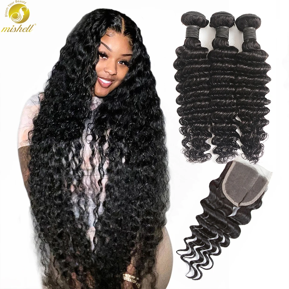 Mishell Brazilian Deep Wave Hair Bundles With Closure Remy Human Hair Weaves 3 4 Bundles Weave And Lace Closure Remy Hair