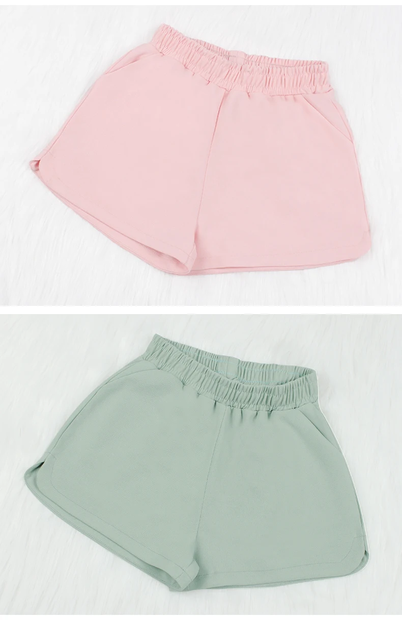 

Pockets Elastic Waist Casual Home Women Shorts Female Buttoms Fashion Loose Candy Solid Color High Waist Leisure Ladies Short