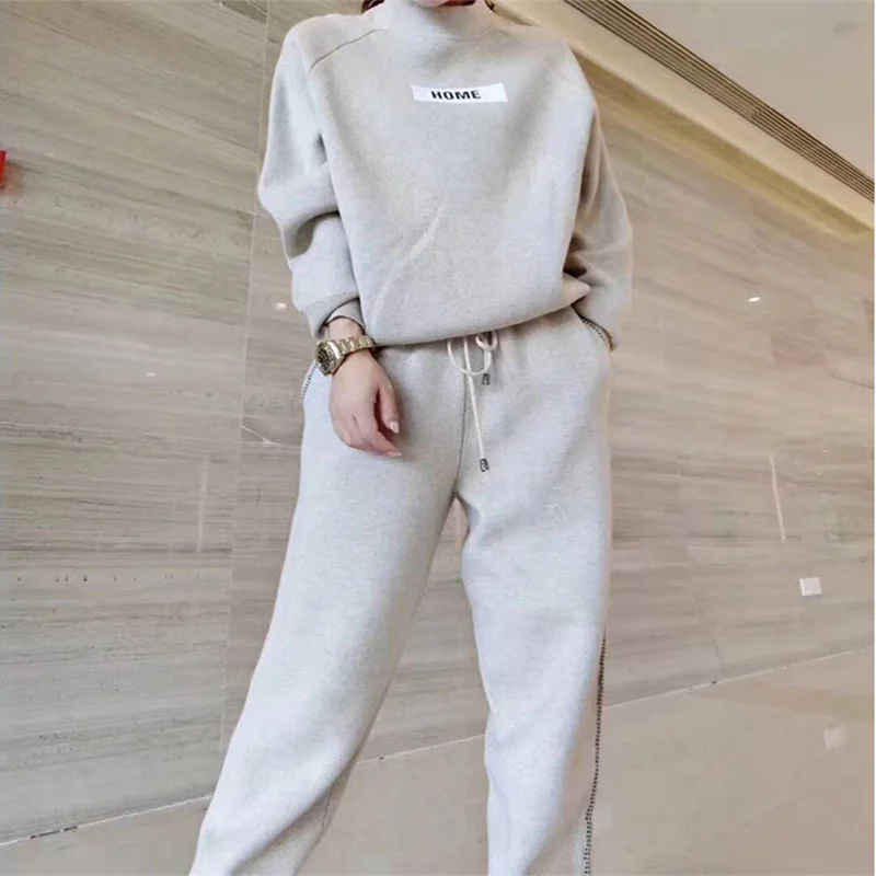 2020 autumn winter Woolen and Cashmere Knitted warm Suit O collar Sweater + Harem pants loose style two-piece set women knit |