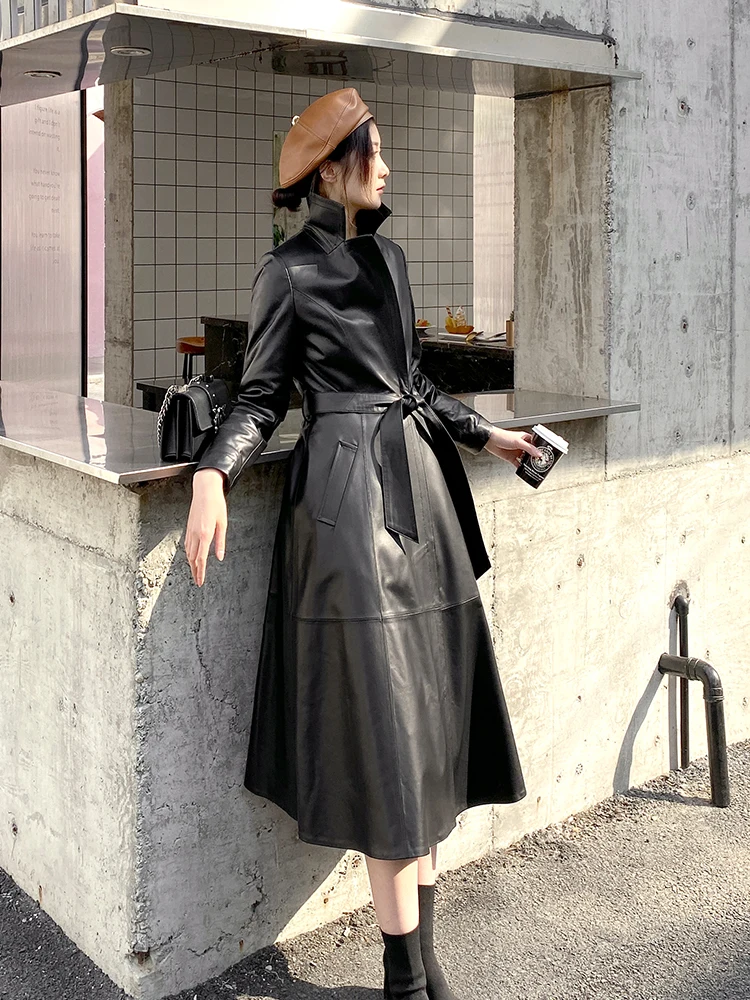 Женский длинный пуховик из 2021 натуральной кожи пальто овечьей с меховым