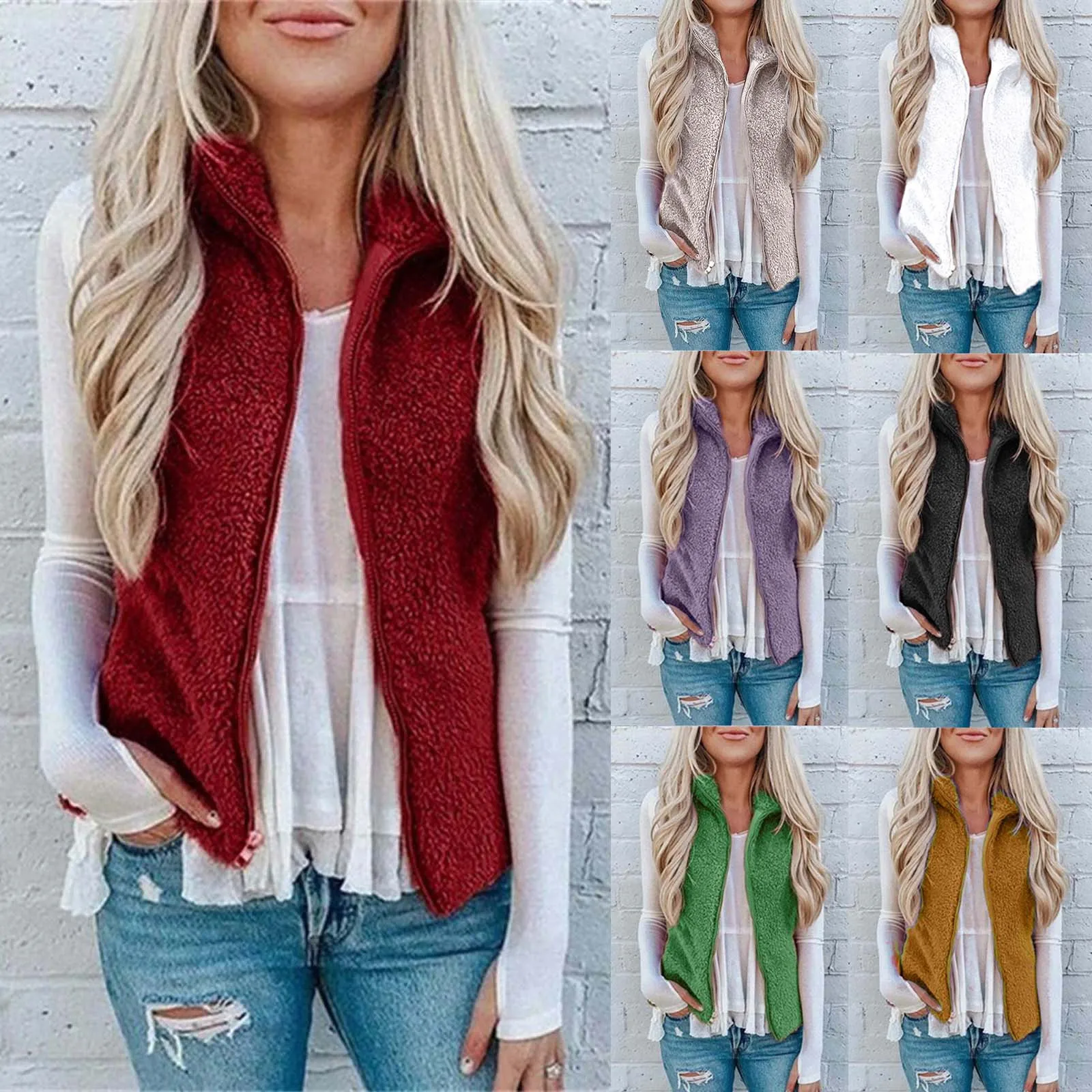 

JAYCOSIN Women Pocket Zipper Solid Jacket Plush Sleeveless Lapel Vest Coat Autumn Winter Fashion Casual Fleece Coats Outwear