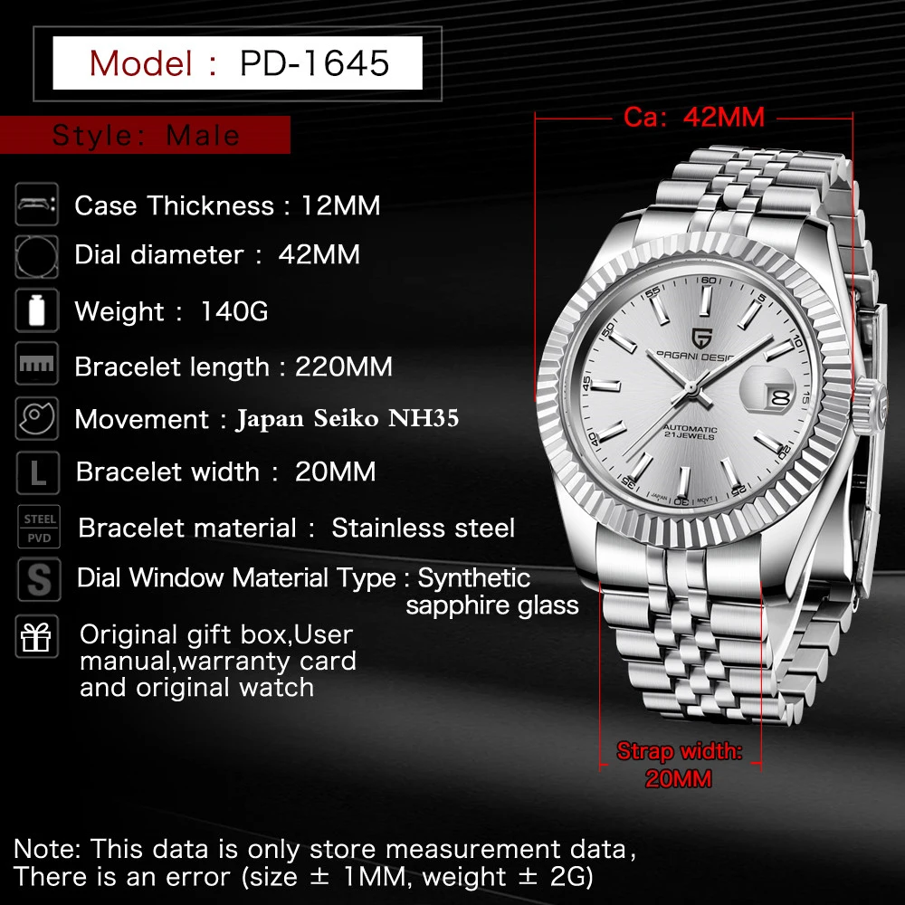 2021 PAGANI DESIGN Luxury Business White Clock Stainless Steel Automatic Mechanical Watch