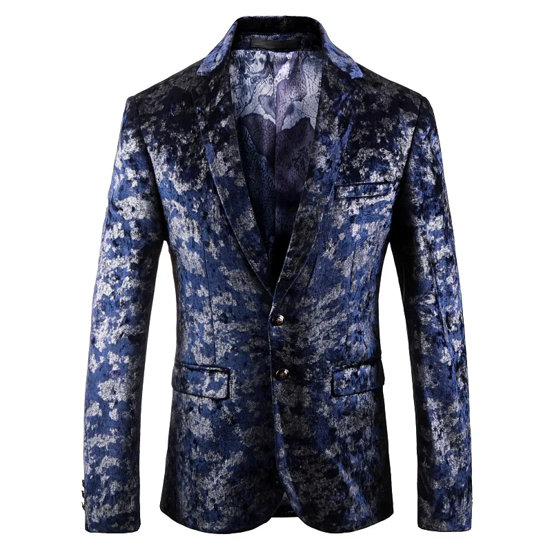 

Men Autumn Velvet Blue Printed Slim Blazer England Casual Homens Suit Jacket Stage Singer Wear Brand Coat