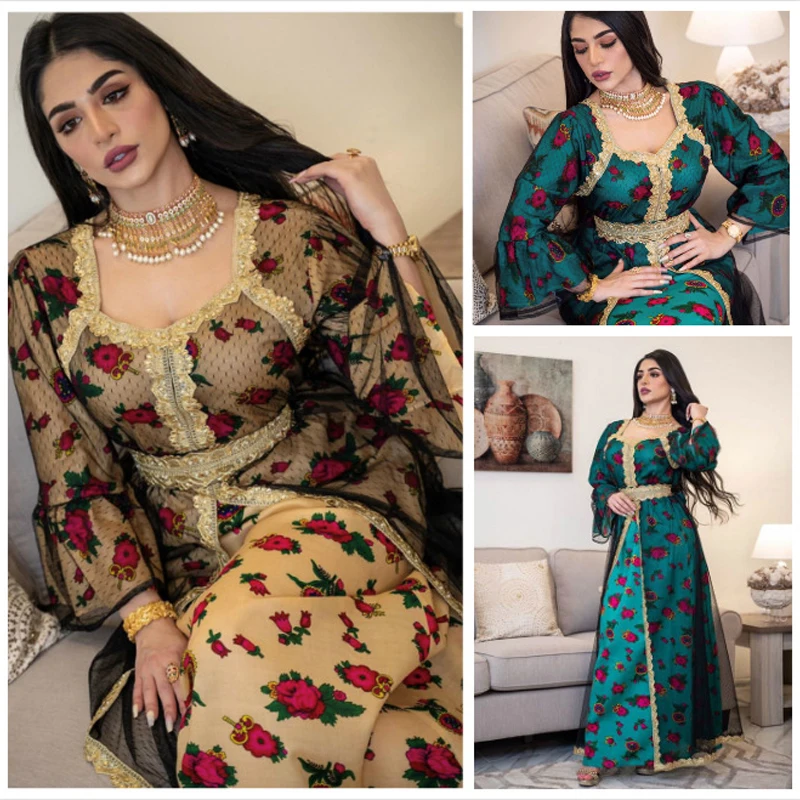 Muslim Gold Embroidery Abaya Dress Middle East Dubai Turkey Morocco Kaftan Party Evening Dress Muslim Turkish Dress Nation