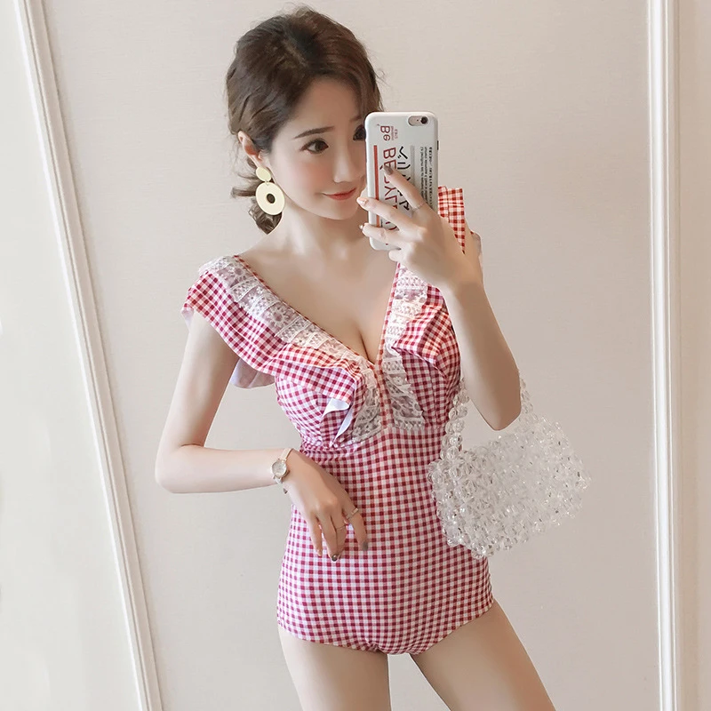 Цельный купальник в клетку с v образным вырезом пуш ап открытой спиной оборками