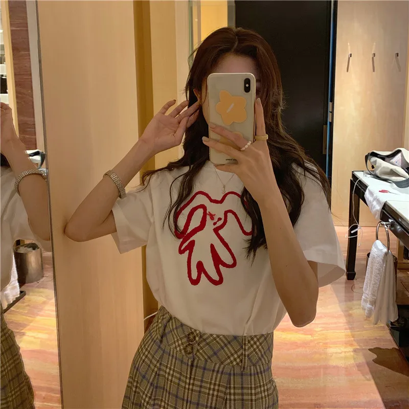 

Женская хлопковая футболка с коротким рукавом, универсальная свободная Универсальная футболка с принтом и круглым вырезом, лето 2021