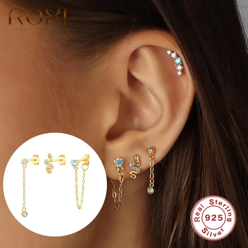 

ROXI Light Blue Crystals Snake Stud Earring for Women 925 Sterling Silver Earrings Jewelry Pendiente Plata 925 Bohemia Earings