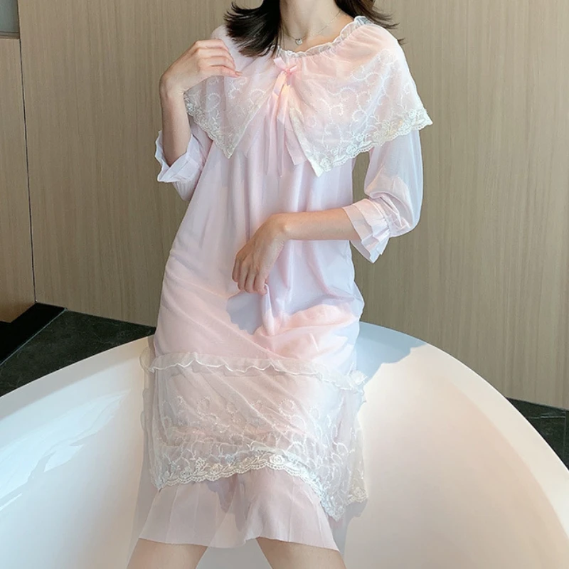 

Princess Sleepwear Fairy Night Dress Women Autumn Long Sleeve Lolita Nightie Girl Mesh Lace Peignoir Victorian Vintage Nightgown