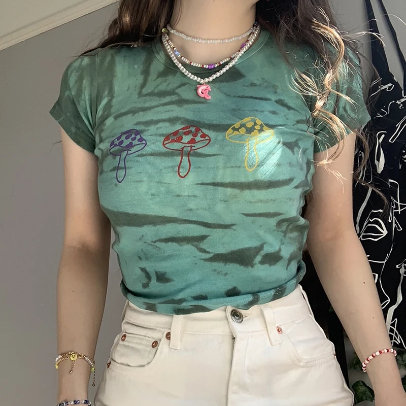 

Green Mushroom Print Summer Y2k Women's T-Shirts Clothing Fashion 2021Tie Dye Slim Crop Top Skinny O-Neck Short Sleeve Tee Shirt