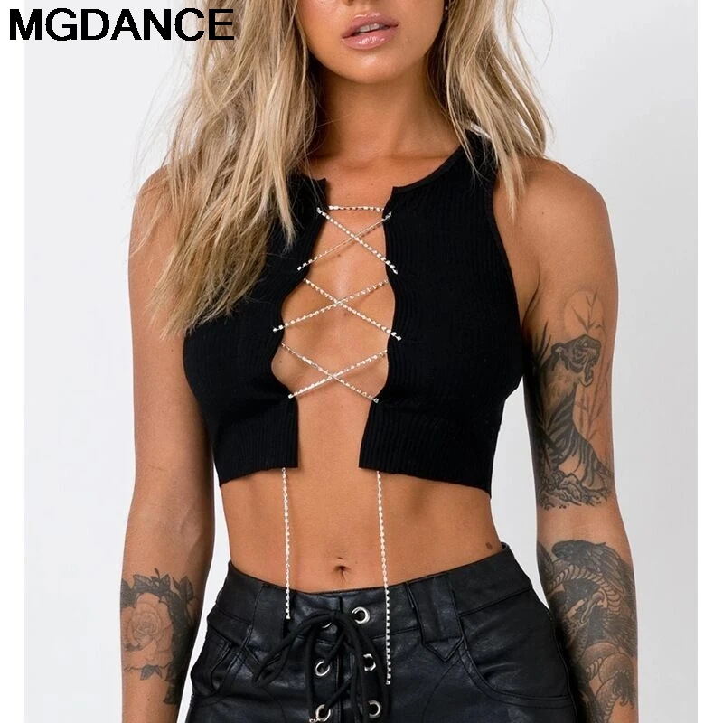 Однотонный трикотажный пикантный топ с цепочкой и перекрестными бретелями