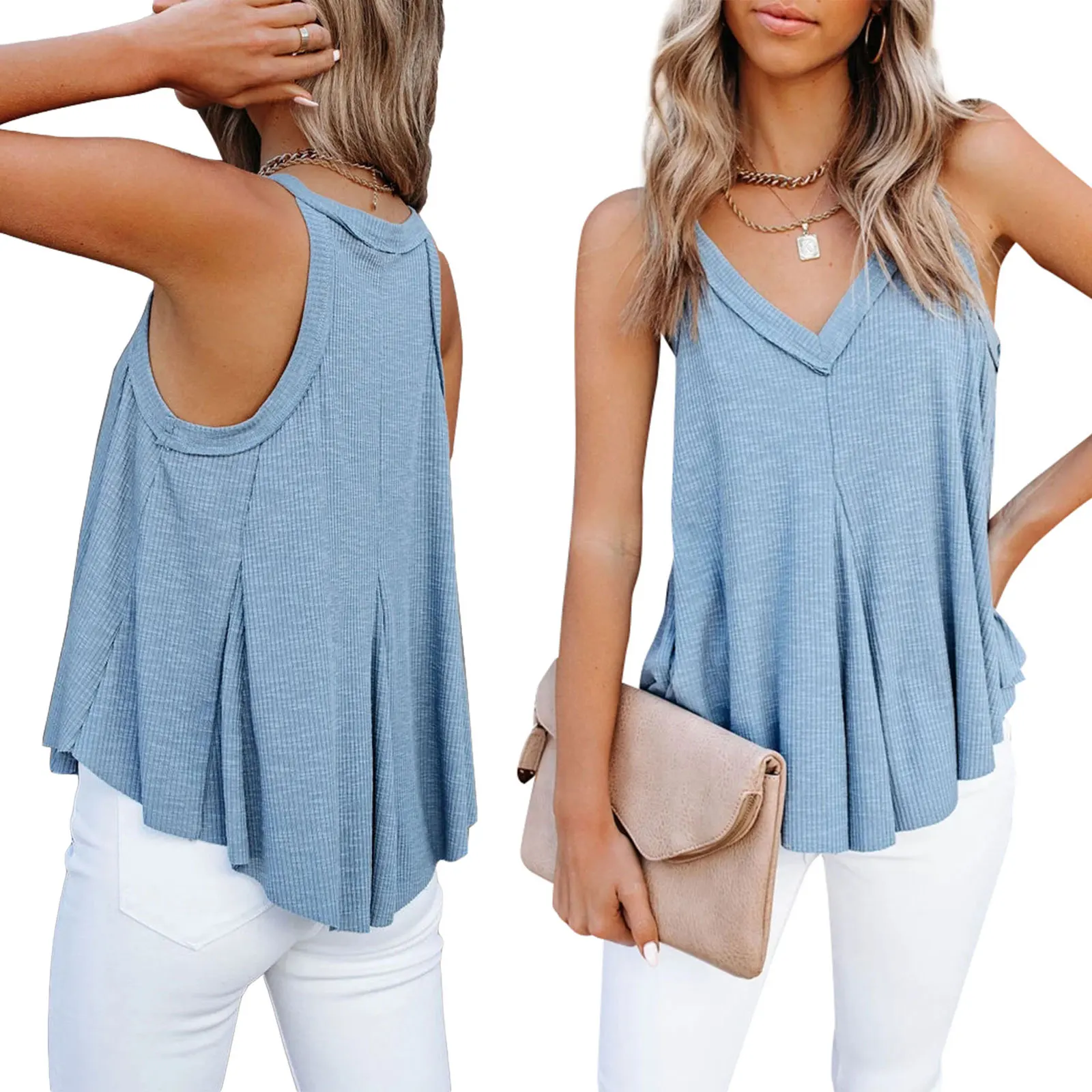 

2021 New Women Fashion V-neck Solid Color Tank Top Summer Stylish Sleeveless Irregular Hem Tops